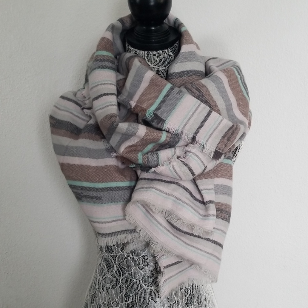 Maurice's 76 X 26 inch grey, tan, pink, teal scarf